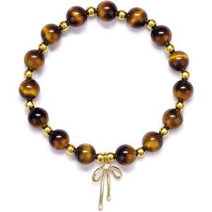 Tiger Eye Flower Handmade Stretch Dainty Bead Bow Charm Bracelet for Women
